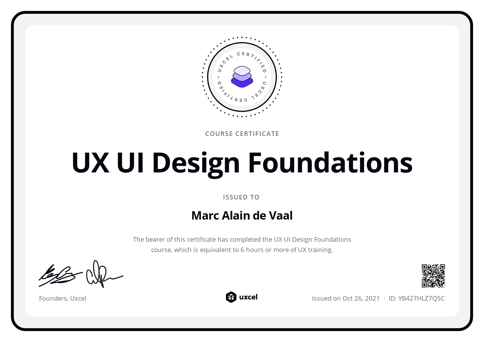 Marc de Vaal's certificate